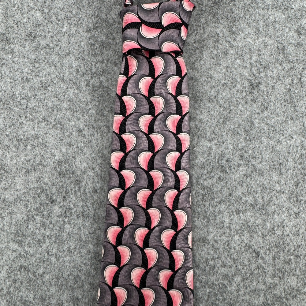 Carlos Devenezia Necktie Mens OS Geometric Pink Grey Silk Handmade EUC